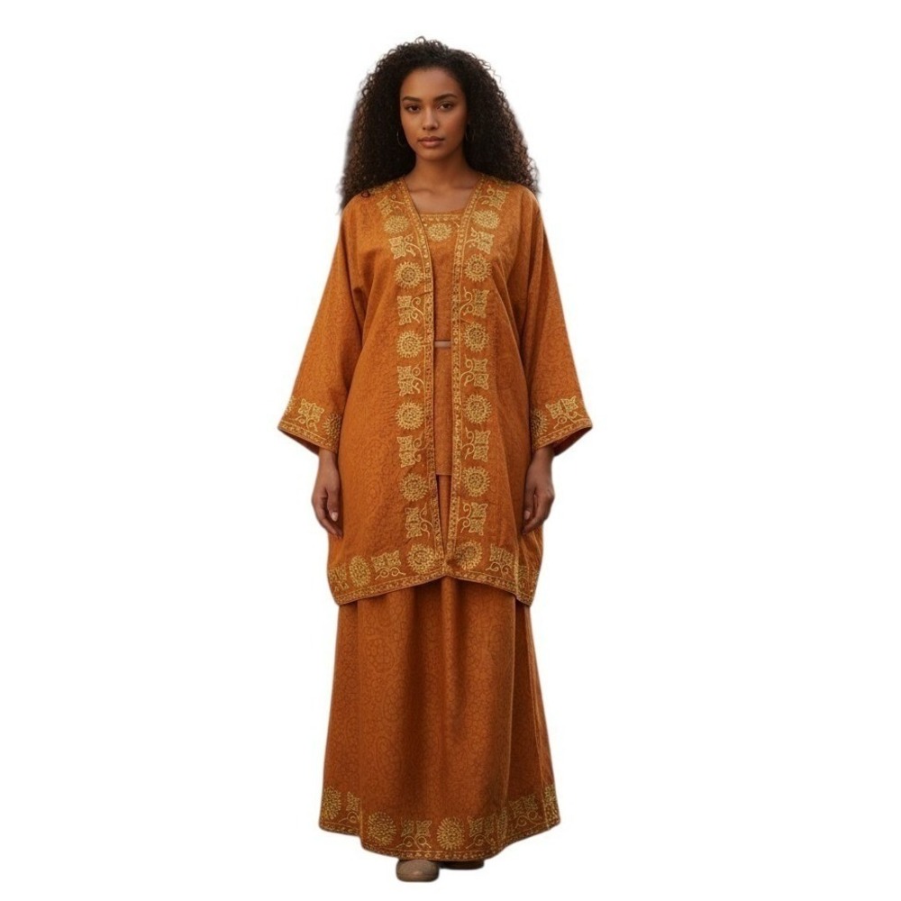 Kirat 3-piece Choga Set Women's One Size Orange Gold Embroidered Loose Fit Woven